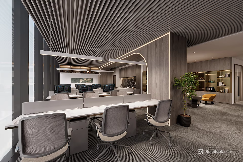 Modern Public Office Space Open Layout With Workstations Gray Chairs Green Plants And Wooden Decor 3d model 
