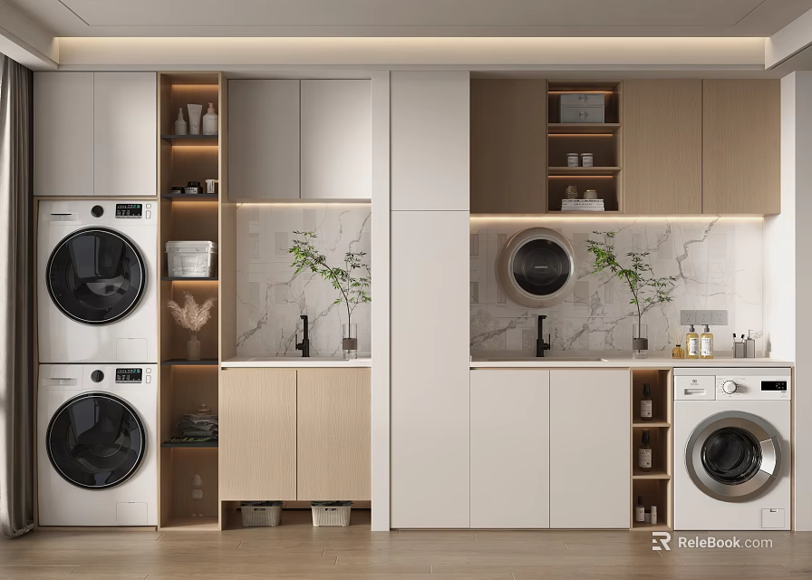 Modern Home Balcony Design With Washing Machines Storage Cabinets Green Plants And Marble Countertops 3d model 