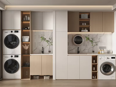 Modern Home Balcony Design With Washing Machines Storage Cabinets Green Plants And Marble Countertops 3d model