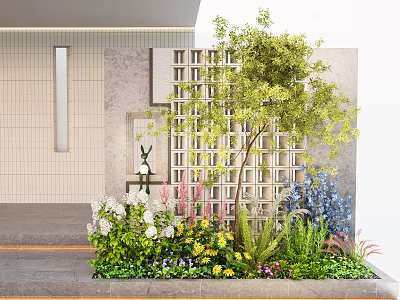 Garden Courtyard Featuring Lattice Screen Stone Steps And Colorful Flower Plants 3d model