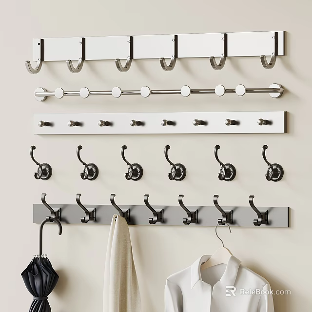 Decorative Wall Hooks With Various Designs For Hanging Coats And Bags On Beige Wall 3d model 