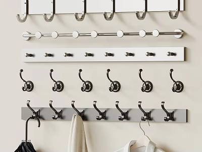 Decorative Wall Hooks With Various Designs For Hanging Coats And Bags On Beige Wall 3d model