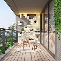 Home Balcony with Wooden Floor Green Plant Wall Seating Area and City View