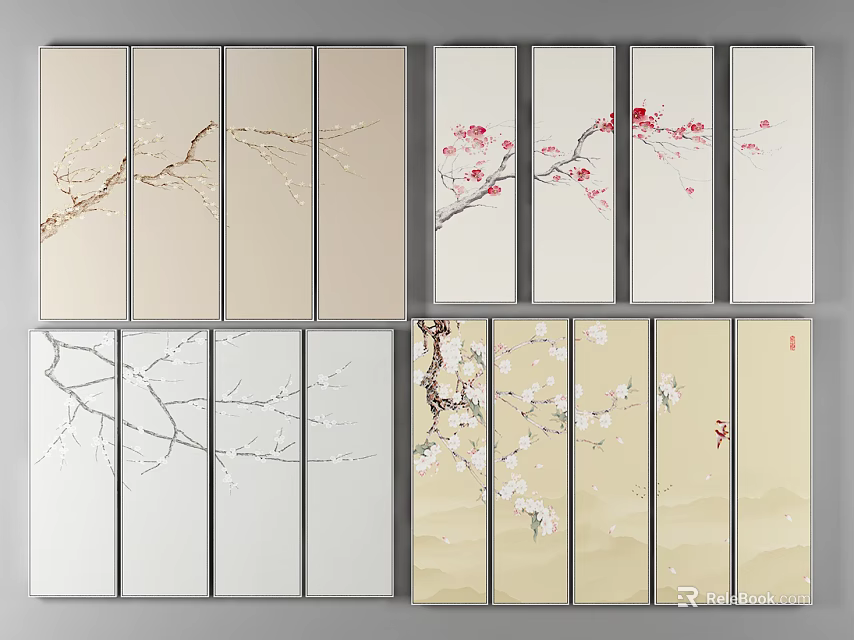 Minimalist Multi Panel Wall Art With Blossom Branches And Neutral Tones 3d model