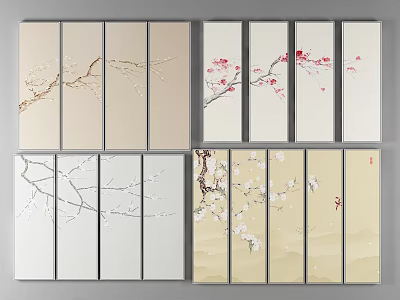 Minimalist Multi Panel Wall Art With Blossom Branches And Neutral Tones 3d model