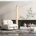 Modern White Single Sofa Interior With Spherical Pendant Light Green Plant Fireplace And Rug