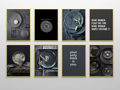 Eight Framed Modern Wall Art Pieces with Plates Tableware and Inspirational Quotes 3d model
