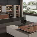 Modern Office Desk With Wooden Top White Frame Shelves Table Lamp Laptop And Window View