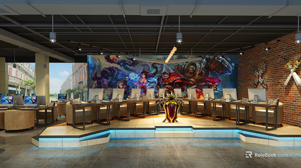 Esports Themed Cyber Cafe Interior With Gaming Murals Computers And LED Lighting 3d model 