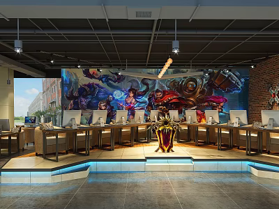 Esports Themed Cyber Cafe Interior With Gaming Murals Computers And LED Lighting 3d model