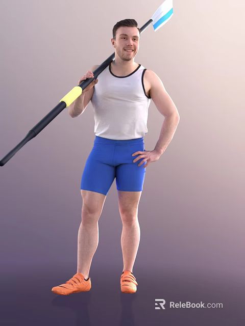 Man Wearing White Tank Top and Blue Shorts Holding Javelin Standing 3d model 