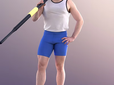 Man Wearing White Tank Top and Blue Shorts Holding Javelin Standing 3d model