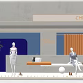 CHILLCHAN Store Window With Real Summer Theme Mannequins Blue Background Orange Curtains Bags And Shoes