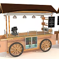 Wooden Mobile Food Cart With Brown Awning Coffee Machine And Menu Board
