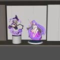 Two Anime Figurines With Purple Hair In Wizard And White Costumes On Display Stands