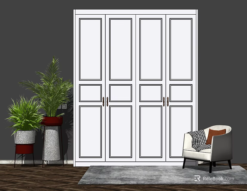 Modern White Four door Wardrobe Interior Design With Potted Plant And Accent Chair 3d model 