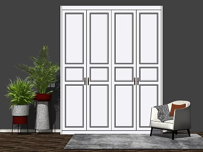 Modern White Four door Wardrobe Interior Design With Potted Plant And Accent Chair 3d model