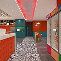 Vibrant Restaurant Interior With Orange Walls Red Seats White Tables And Crystal Chandeliers