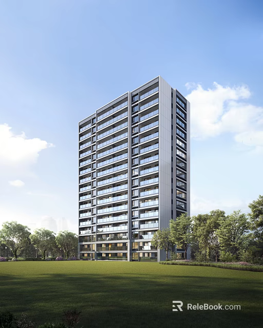 Modern High Rise Residential Building With Glass Facade Balconies And Surrounding Greenery 3d model 