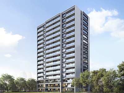 Modern High Rise Residential Building With Glass Facade Balconies And Surrounding Greenery 3d model