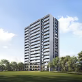 Modern High Rise Residential Building With Glass Facade Balconies And Surrounding Greenery