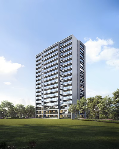 Modern High Rise Residential Building With Glass Facade Balconies And Surrounding Greenery 3d model