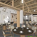 Traditional Wooden Restaurant Interior With Round Tables And Hanging Lanterns