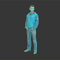 Man Standing On Gray Background With Blue Jacket Red Inner Shirt And Blue Jeans