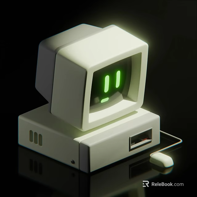 Vintage White Computer System With Monitor Showing Green Display Desktop Tower And Connected Mouse 3d model 