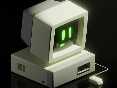 Vintage White Computer System With Monitor Showing Green Display Desktop Tower And Connected Mouse 3d model