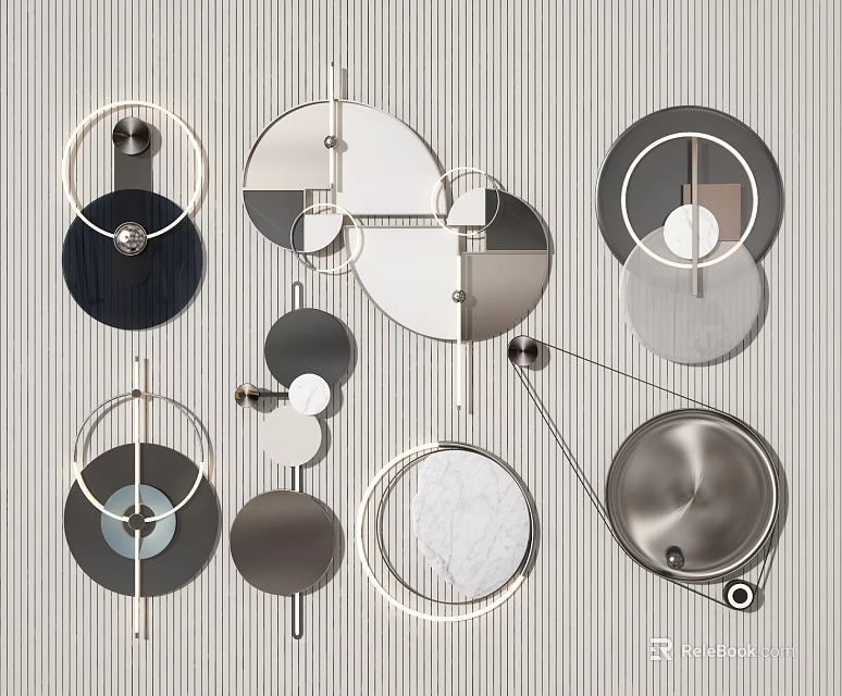 Contemporary Wall Decor Featuring Circular Geometric Shapes With Metal Frames And Marble Panels 3d model 