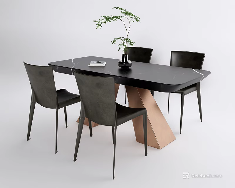 Modern Dining Table Set with Black Tabletop Gray Chairs and Copper Geometric Base 3d model