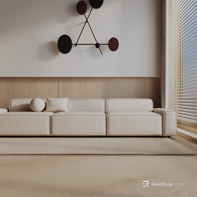 Modern Beige Three Seater Sofa With Wooden Wall Soft Rug Window Blinds And Decorative Art 3d model 