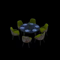 Chic Round Dining Table Set With Six Yellow Floral Upholstered Chairs And Tableware 3d model