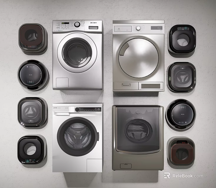Different Modern Washing Machines With Round Appliances In Display Arrangement 3d model 