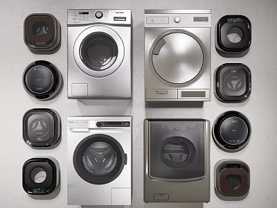 Different Modern Washing Machines With Round Appliances In Display Arrangement 3d model