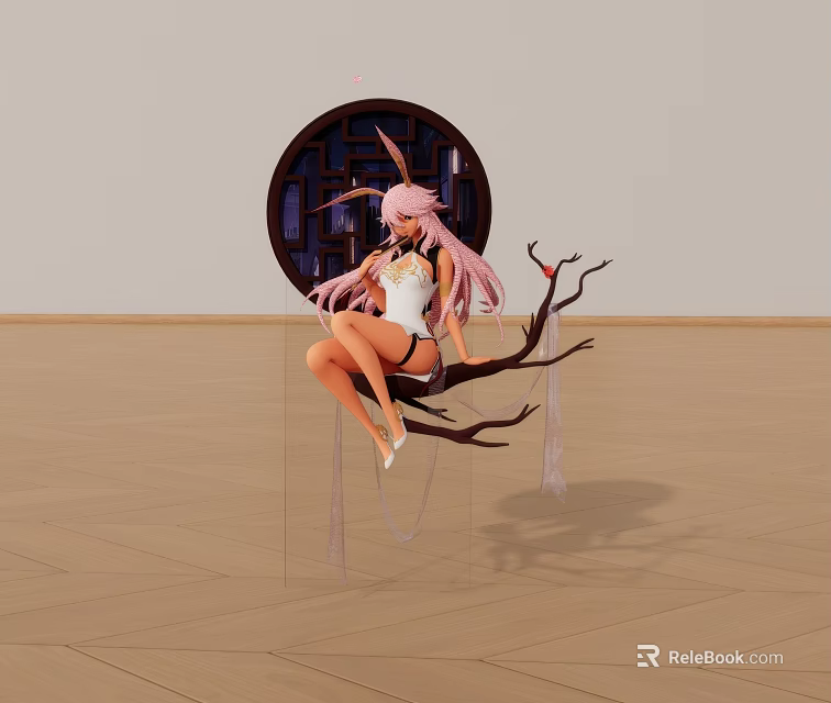 Cute Pink Haired Doll in White Outfit Sitting on Tree Branch with Circular Window Background 3d model 