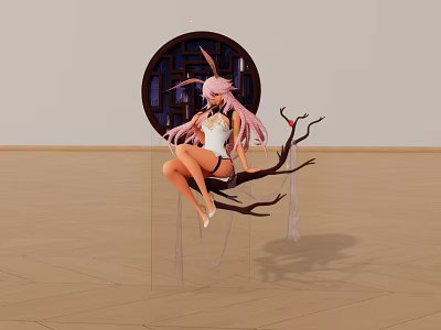Cute Pink Haired Doll in White Outfit Sitting on Tree Branch with Circular Window Background 3d model