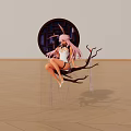 Cute Pink Haired Doll in White Outfit Sitting on Tree Branch with Circular Window Background