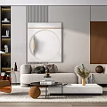 Modern Light Gray Sofa Coffee Table Set With Round Wall Art Wooden Accent Living Room