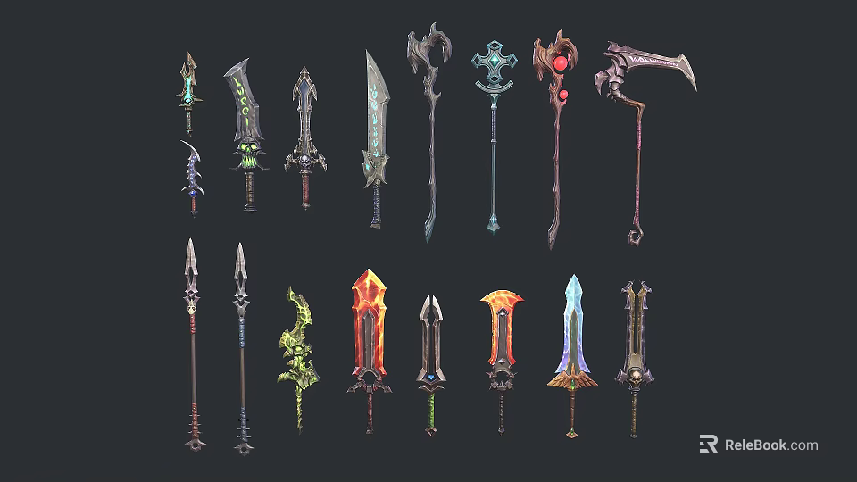 Fantasy Style Weapons Collection Featuring Swords Axes Staffs And Colorful Blades 3d model 