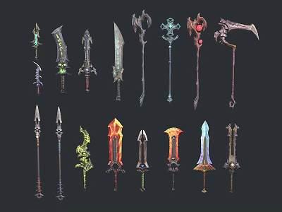 Fantasy Style Weapons Collection Featuring Swords Axes Staffs And Colorful Blades 3d model