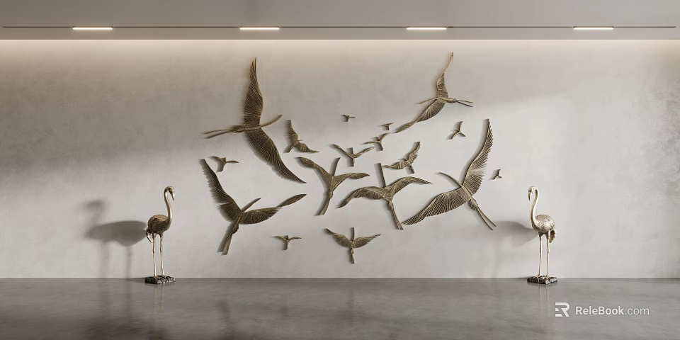 Elegant Flying Birds Wall Decor with Flamingo Ornaments in Modern Interior 3d model 