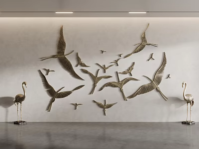 Elegant Flying Birds Wall Decor with Flamingo Ornaments in Modern Interior 3d model