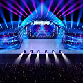 Colorful Concert Stage with Large LED Screen and Audience Waving Light Sticks