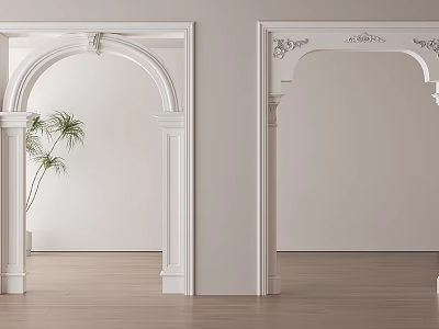 White Decorative Door Arches With Ornate Details Green Plant And Wooden Floor 3d model