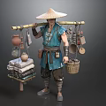 Man Wearing Straw Hat Carrying Pole With Pottery Jars Towels And Baskets