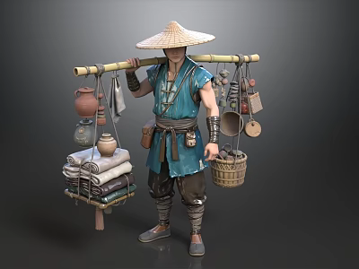 Man Wearing Straw Hat Carrying Pole With Pottery Jars Towels And Baskets 3d model