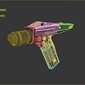 Futuristic Sci Fi Handgun Featuring Gold Accents Black Body And Blue Grip Design