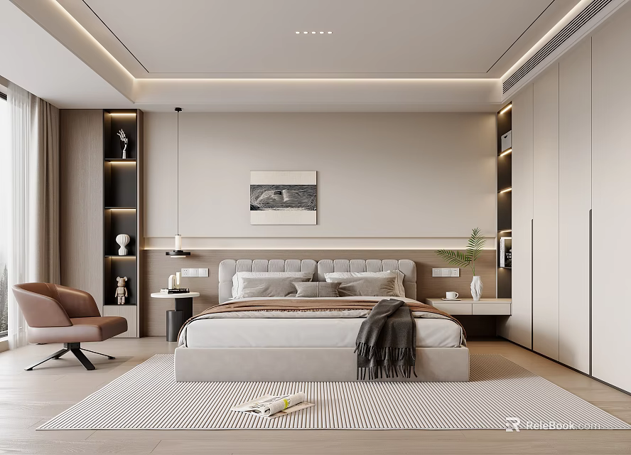 Modern Bedroom Interior Design With Comfortable Bed Armchair Built In Wardrobes And Soft Rug 3d model 